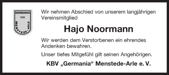 Traueranzeige von Hajo Noormann von Ostfriesischer Kurier