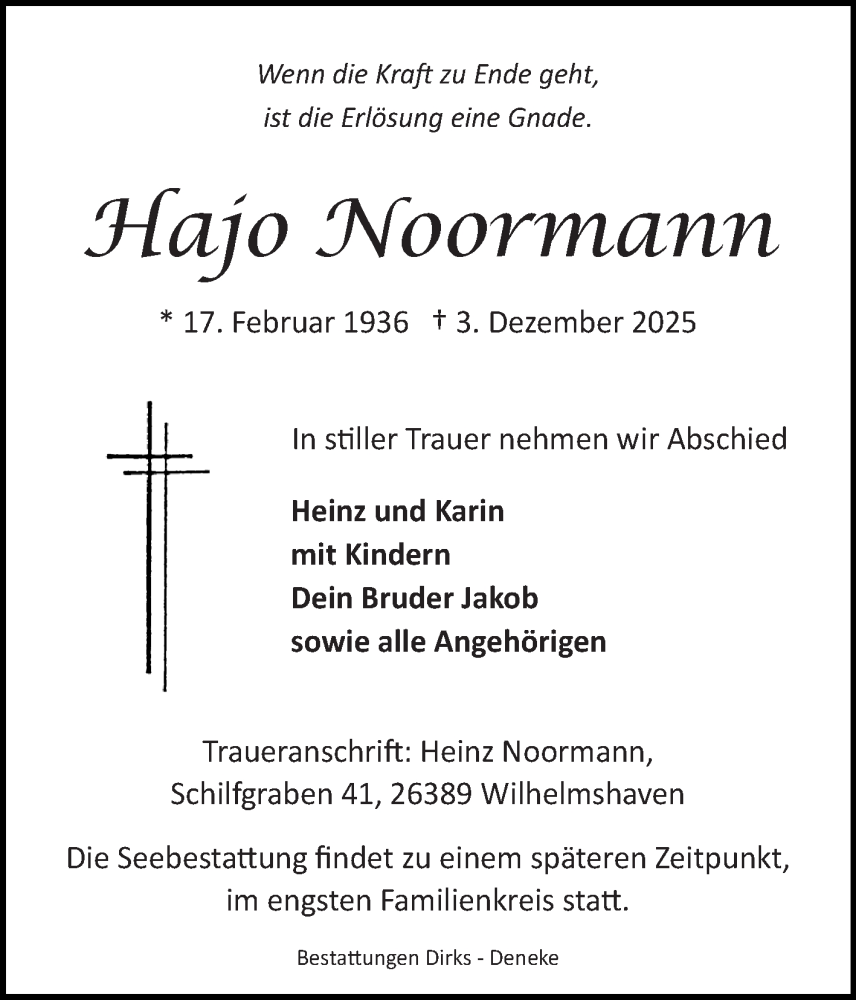  Traueranzeige für Hajo Noormann vom 06.12.2025 aus Ostfriesischer Kurier