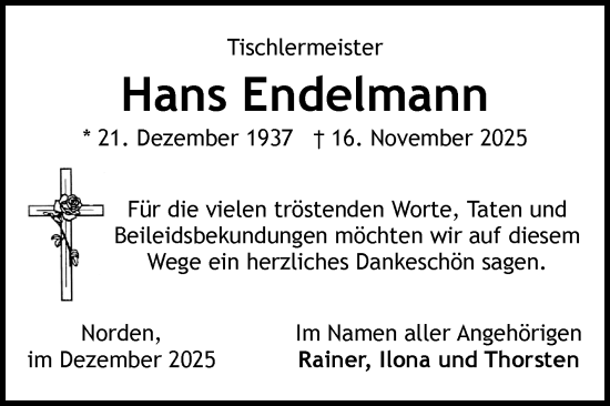Traueranzeige von Hans Endelmann von Ostfriesischer Kurier