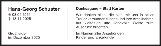 Traueranzeige von Hans-Georg Schuster von Ostfriesischer Kurier