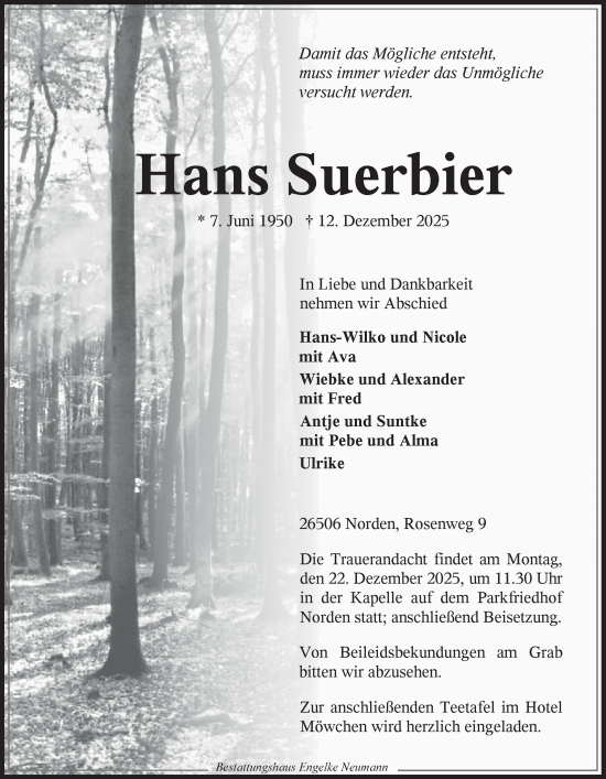 Traueranzeige von Hans Suerbier von Ostfriesischer Kurier