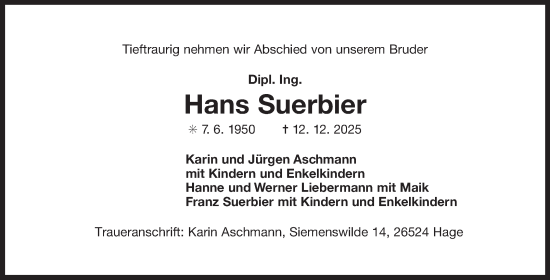 Traueranzeige von Hans Suerbier von Ostfriesischer Kurier