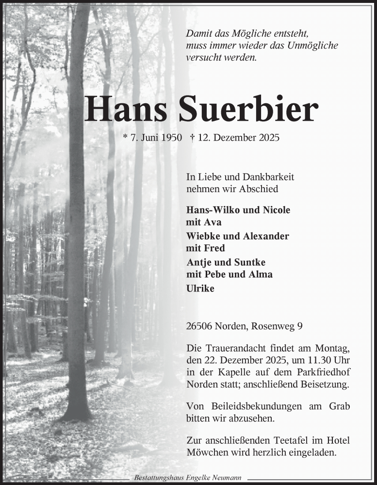  Traueranzeige für Hans Suerbier vom 15.12.2025 aus Ostfriesischer Kurier