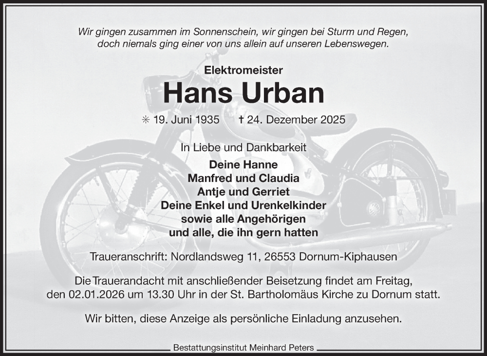  Traueranzeige für Hans Urban vom 31.12.2025 aus Ostfriesischer Kurier