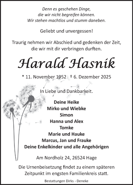 Traueranzeige von Harald Hasnik von Ostfriesischer Kurier