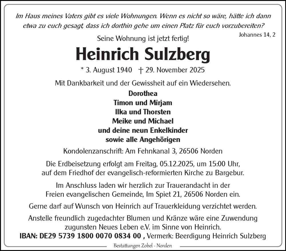  Traueranzeige für Heinrich Sulzberg vom 03.12.2025 aus Ostfriesischer Kurier