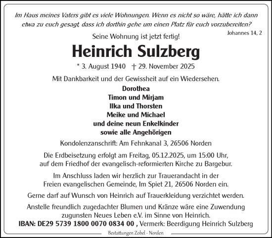 Traueranzeige von Heinrich Sulzberg von Ostfriesischer Kurier