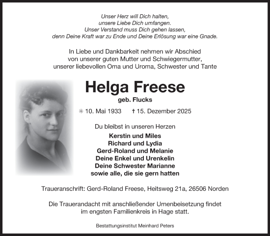 Traueranzeige von Helga Freese von Ostfriesischer Kurier