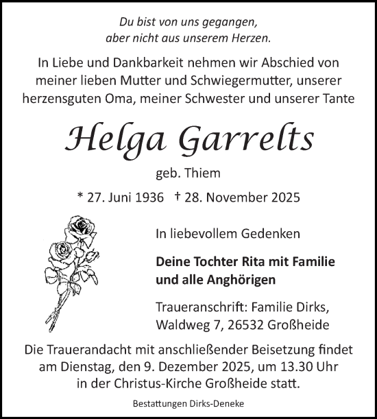 Traueranzeige von Helga Garrelts von Ostfriesischer Kurier