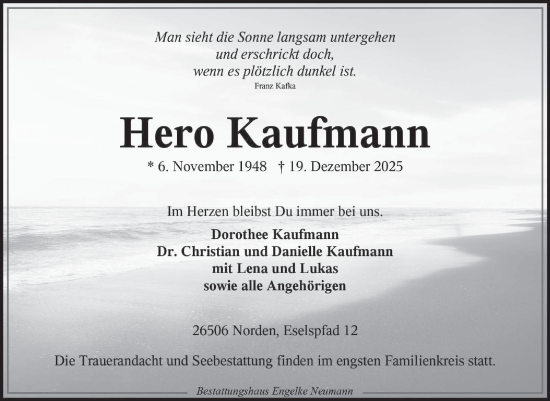 Traueranzeige von Hero Kaufmann von Ostfriesischer Kurier