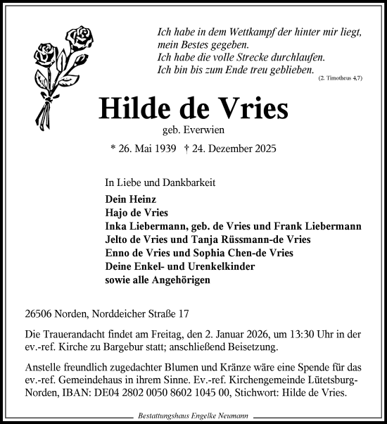 Traueranzeige von Hilde de Vries von Ostfriesischer Kurier