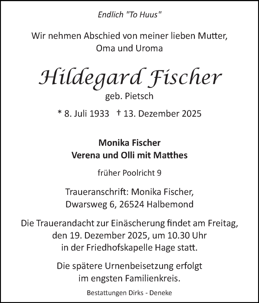  Traueranzeige für Hildegard Fischer vom 16.12.2025 aus Ostfriesischer Kurier