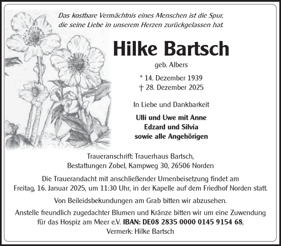Traueranzeige von Hilke Bartsch von Ostfriesischer Kurier