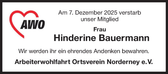 Traueranzeige von Hinderine Bauermann von Ostfriesischer Kurier