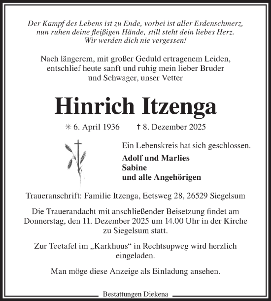 Traueranzeige von Hinrich Itzenga von Ostfriesischer Kurier