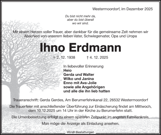 Traueranzeige von Ihno Erdmann von Ostfriesischer Kurier