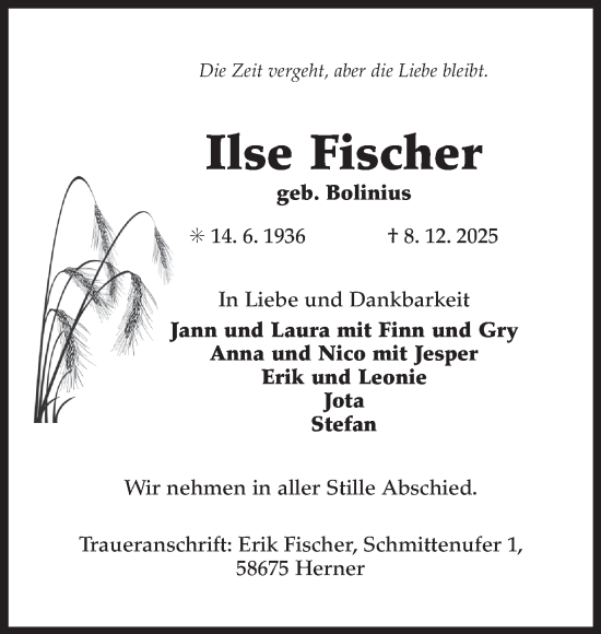 Traueranzeige von Ilse Fischer von Ostfriesischer Kurier