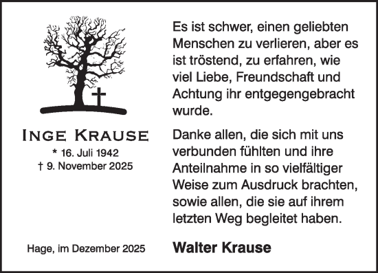 Traueranzeige von Inge Krause von Ostfriesischer Kurier