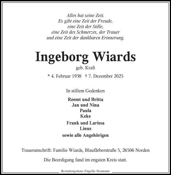 Traueranzeige von Ingeborg Wiards von Ostfriesischer Kurier