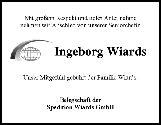 Traueranzeige von Ingeborg Wiards von Ostfriesischer Kurier
