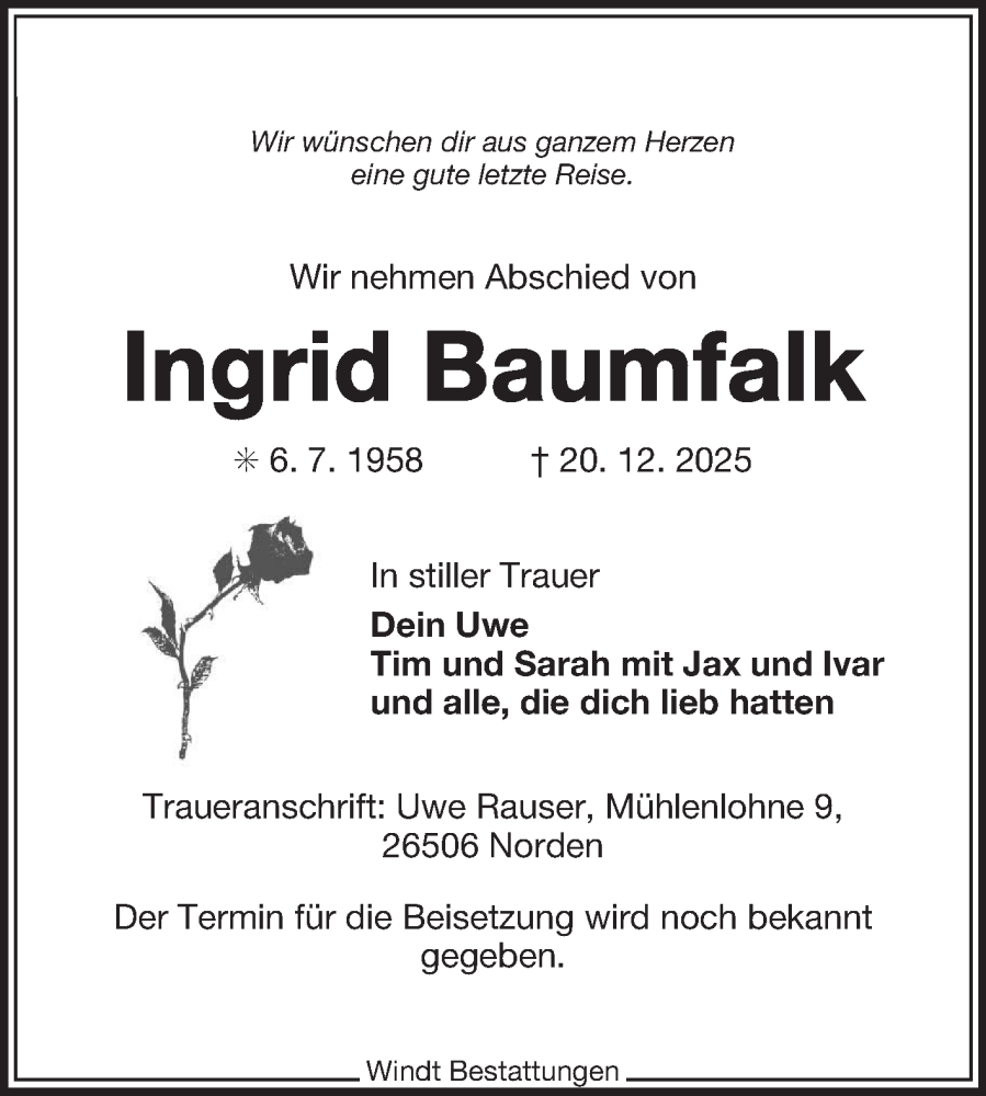  Traueranzeige für Ingrid Baumfalk vom 27.12.2025 aus Ostfriesischer Kurier