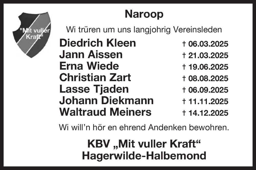  Traueranzeige für Jann Aissen vom 31.12.2025 aus Ostfriesischer Kurier