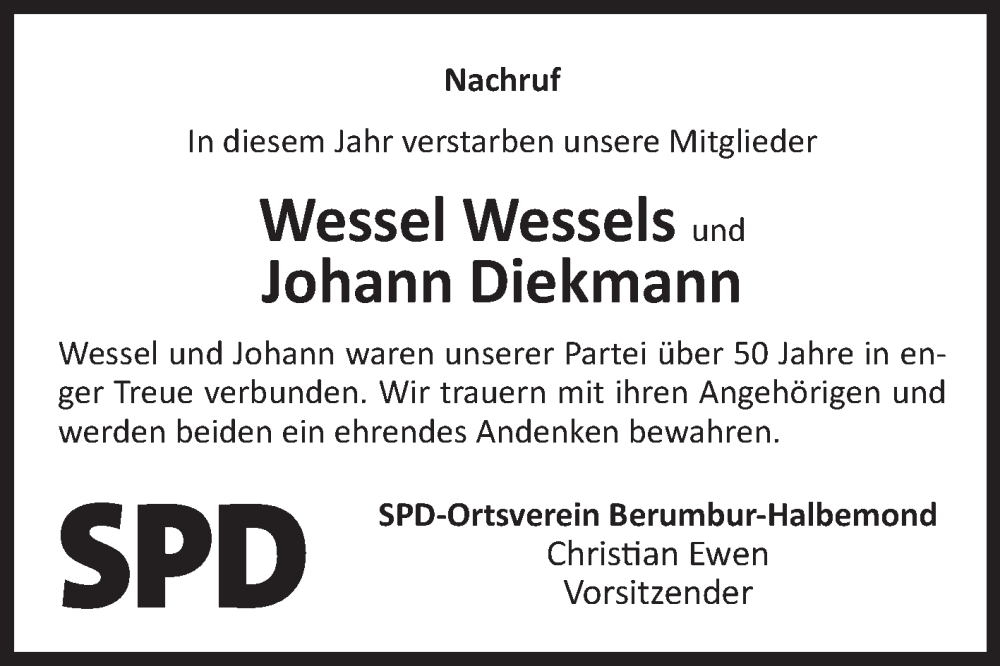  Traueranzeige für Johann Diekmann vom 27.12.2025 aus Ostfriesischer Kurier