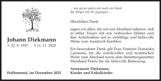 Traueranzeige von Johann Diekmann von Ostfriesischer Kurier