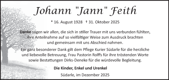 Traueranzeige von Johann Feith von Ostfriesischer Kurier