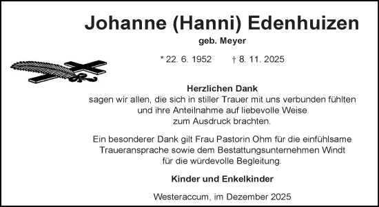 Traueranzeige von Johanne Edenhuizen von Ostfriesischer Kurier