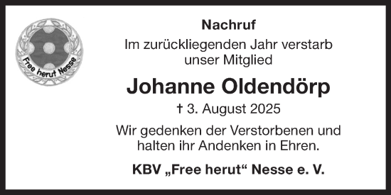 Traueranzeige von Johanne Oldendörp von Ostfriesischer Kurier