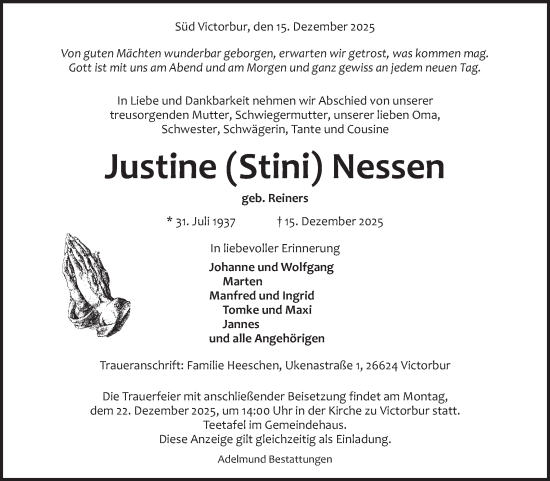 Traueranzeige von Justine Nessen von Ostfriesischer Kurier
