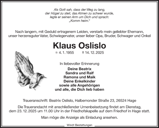 Traueranzeige von Klaus Oslislo von Ostfriesischer Kurier