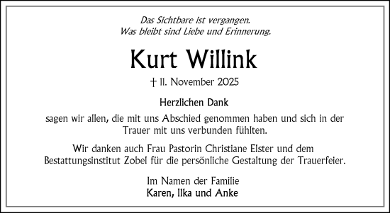 Traueranzeige von Kurt Willink von Ostfriesischer Kurier