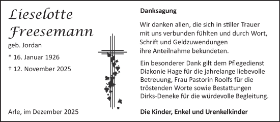 Traueranzeige von Lieselotte Freesemann von Ostfriesischer Kurier