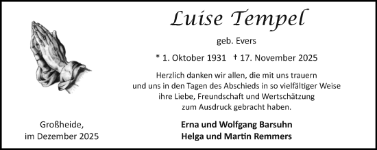 Traueranzeige von Luise Tempel von Ostfriesischer Kurier