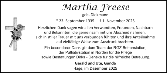 Traueranzeige von Martha Freese von Ostfriesischer Kurier