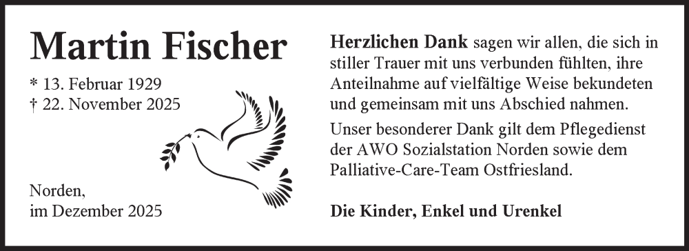  Traueranzeige für Martin Fischer vom 20.12.2025 aus Ostfriesischer Kurier