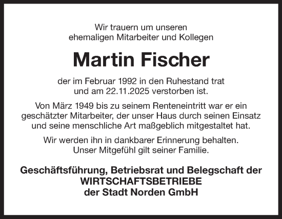 Traueranzeige von Martin Fischer von Ostfriesischer Kurier