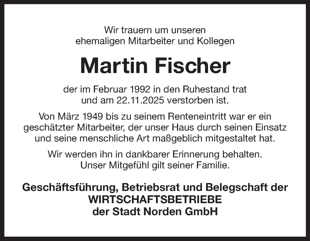  Traueranzeige für Martin Fischer vom 10.12.2025 aus Ostfriesischer Kurier