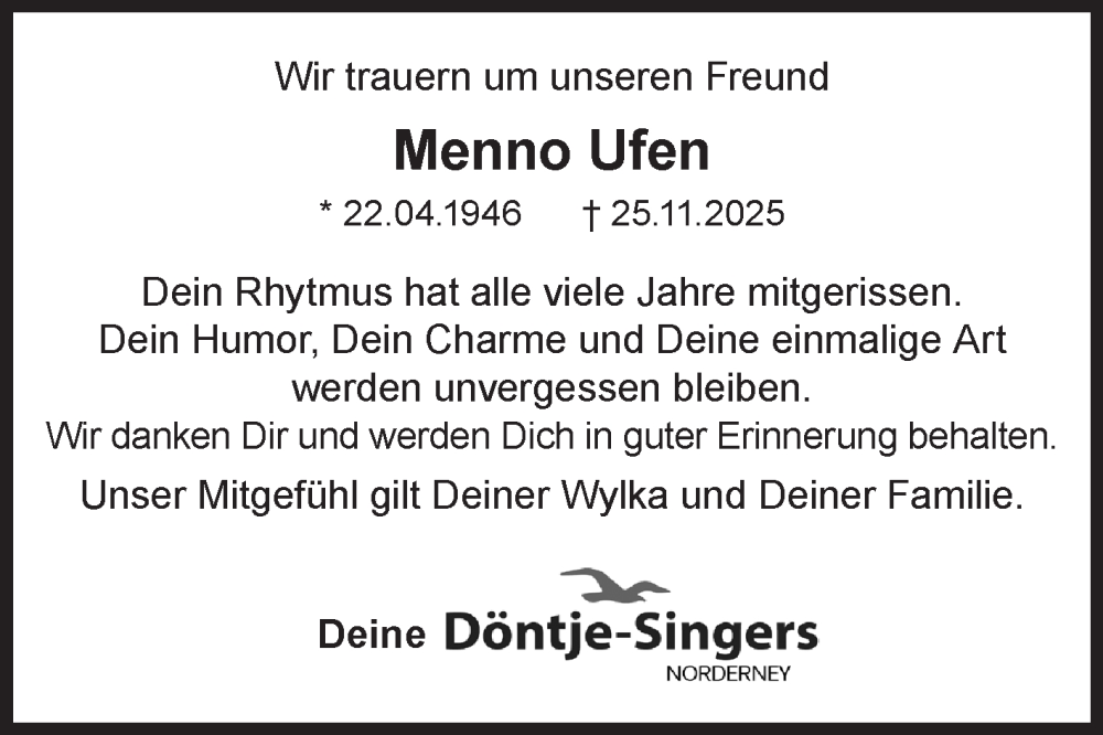  Traueranzeige für Menno Ufen vom 02.12.2025 aus Ostfriesischer Kurier