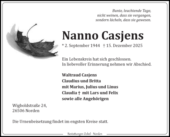 Traueranzeige von Nanno Casjens von Ostfriesischer Kurier
