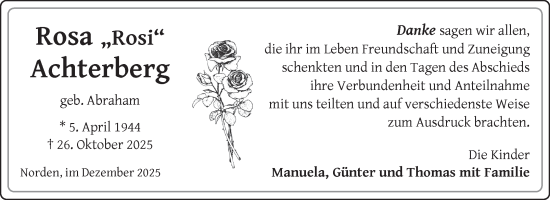 Traueranzeige von Rosa Achterberg von Ostfriesischer Kurier