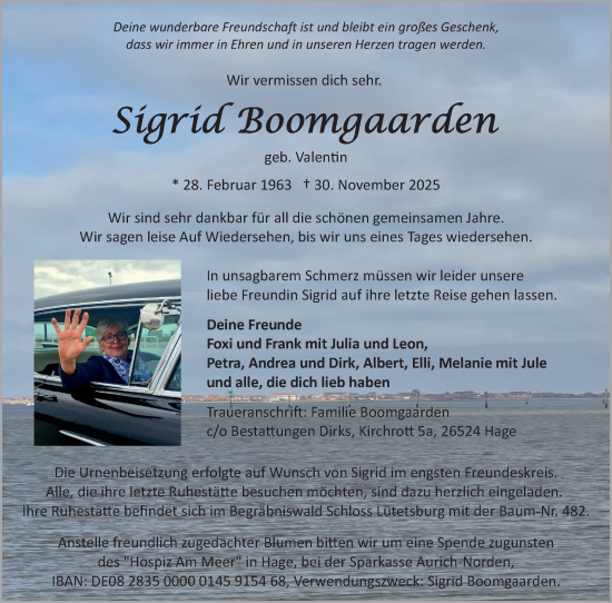 Traueranzeige von Sigrid Boomgaarden von Ostfriesischer Kurier