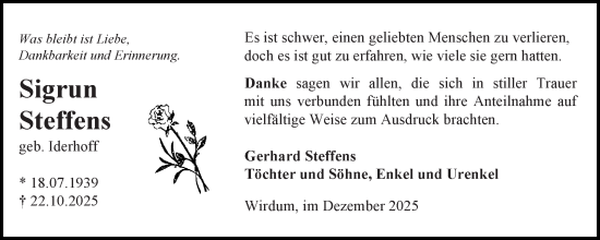 Traueranzeige von Sigrun Steffens von Ostfriesischer Kurier