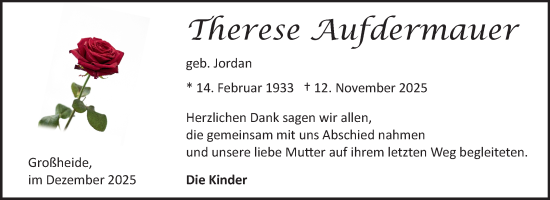 Traueranzeige von Therese Aufdermauer von Ostfriesischer Kurier