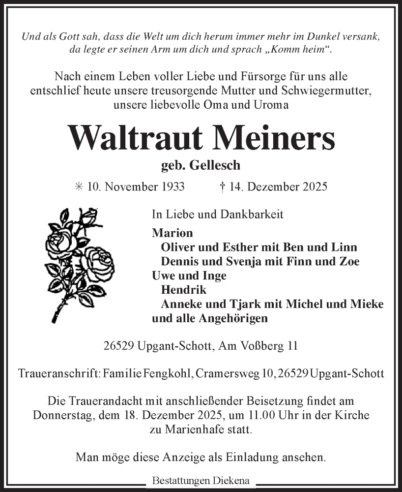  Traueranzeige für Waltraut Meiners vom 17.12.2025 aus Ostfriesischer Kurier