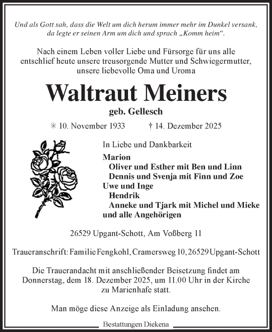 Traueranzeige von Waltraut Meiners von Ostfriesischer Kurier