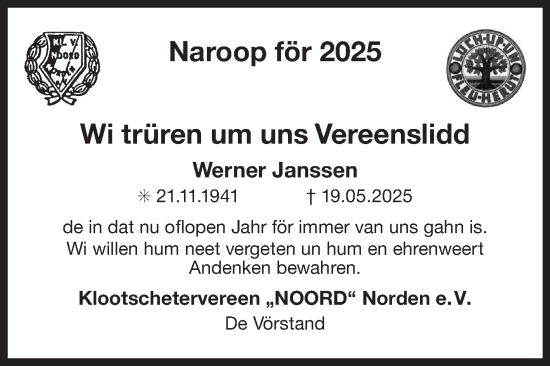 Traueranzeige von Werner Janssen von Ostfriesischer Kurier