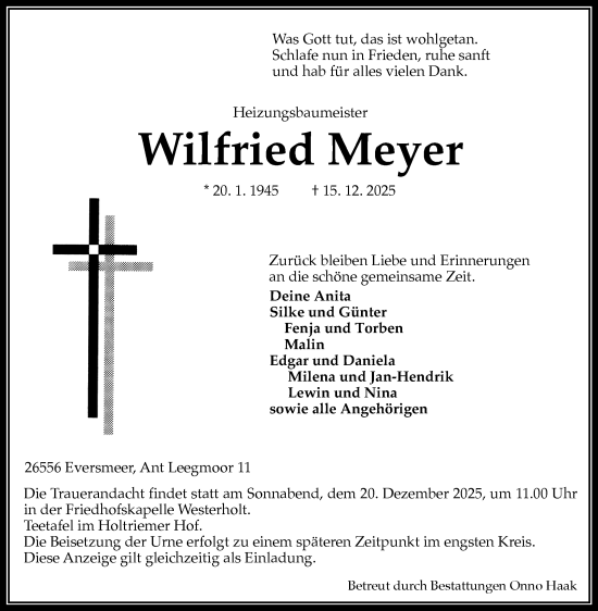 Traueranzeige von Wilfried Meyer von Ostfriesischer Kurier